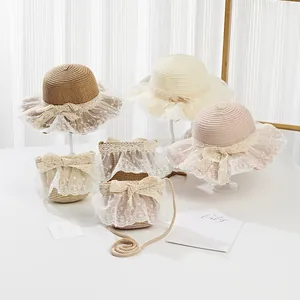 Kids Girl Sun Straw Hat And Lace Straw Bag Set Summer Beach Sun Protection Paper Straw Hat Embroidered Lace Ribbon Bow Cute Princess Style Outdoor Travel Sun Hat For Girls