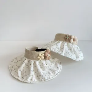 Detail view of foldable sun visor featuring 3D floral accents and floral printed brim