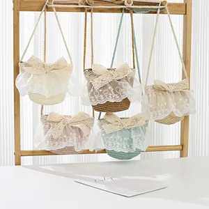 Handmade straw mini shoulder bags with lace bows and ruffles in five pastel colors