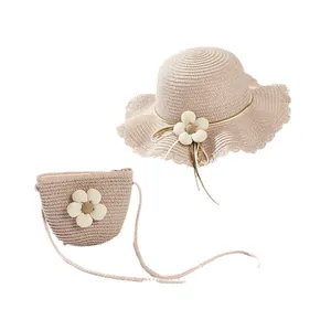 Set cappello di paglia rosa per bambine con fiori per protezione solare estiva