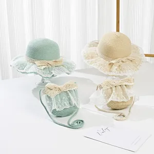 Girl's summer straw sun hat set with lace floral trim and matching crossbody bag