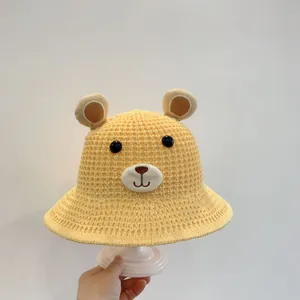 Chapeau de soleil en paille jaune pour enfants avec oreilles d'ours et broderie mignonne