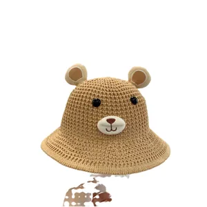 Chapeau de soleil en paille tissée pour enfants avec oreilles d'ours mignonnes kaki