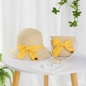 Straw sun hat and matching crossbody bag set with yellow bows for girls' summer wear