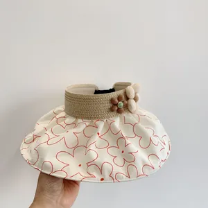 Kids foldable sun visor hat with floral brim and straw headband for summer travel