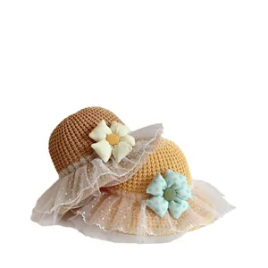 Kids woven straw sun hat with polka dot flowers and lace mesh brim for summer beach