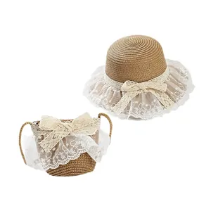 Girls summer straw hat and matching bag set with white lace trim and bow details