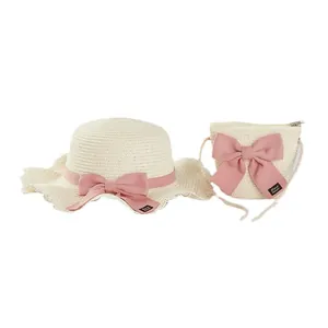 Straw hat and matching crossbody bag set with pink bows for girls summer sun protection
