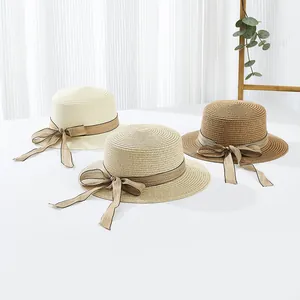 Canotier en Paille de Papier d'Été pour Femmes et Filles Sommet Plat Protection Solaire Respirant Chapeau de Plage avec Nœud