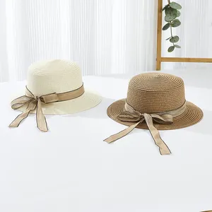 Chapeau canotier d'été en lin pour femme avec ruban nœud en beige naturel et kaki