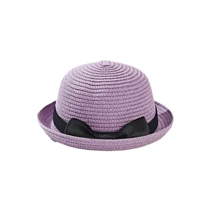 Elegant purple children's straw sun hat with stylish black ribbon bow and rolled brim