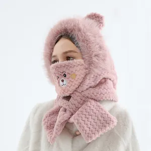 Ensemble écharpe à capuche oreilles d'ours rose pour femme avec doublure pelucheuse