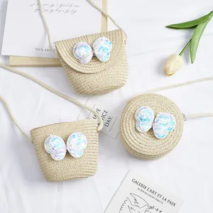 Drie stijlen mini strooien tasjes voor meisjes met pailletten strikken en schouderband