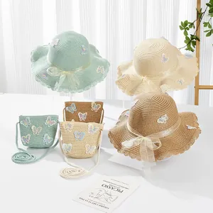 Sommer Kinder Stroh Sonnenhut Und Umhängetasche Set Mit Schmetterling Stickerei Schleife Wellenrand Mädchen Strand Accessoires