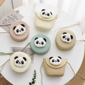 Bolsos bandolera de paja para niños con caras de panda de peluche en colores variados