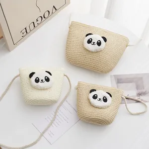 Set di borse in paglia a forma di panda con borse a tracolla intrecciate per bambini