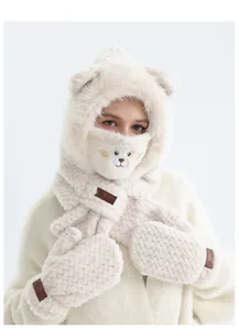 Détails de l'ensemble écharpe à capuche ours en peluche beige avec fausse fourrure douce