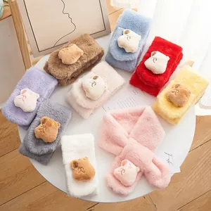Kids Winter Warm Faux Rabbit Fur Scarf Cute Cartoon Capybara Plush Bear Cross Over Neck Warmer Soft Thick Baby Scarf