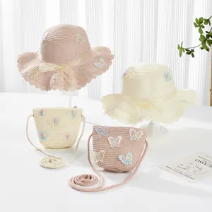 Strohhut-Set für Mädchen mit passender Umhängetasche und süßen Schmetterling-Stickereien
