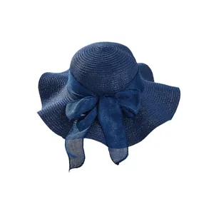 Women's wide brim navy blue sun hat with elegant bow knot and woven texture