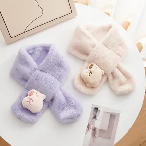 Kids plush cartoon cat cross scarf in soft pink and purple thick faux fur material