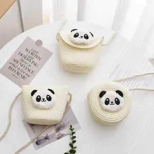 Conjunto de tres bolsos de paja con diseño de panda para niños y peluche suave