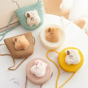 Handmade straw crossbody bag for kids with cute plush animal face in various colors