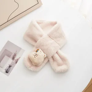 Soft pink plush kids winter scarf with cute cartoon bear and cross-over design