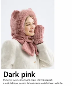 Détail de l'écharpe à capuche oreilles d'ours rose foncé avec gants intégrés pour l'hiver