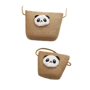 Borsa a tracolla in paglia intrecciata per bambini con motivo panda e tracolla fine