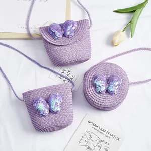 Mini lavendel stro tassen voor meisjes met vlinder pailletten en schouderbanden