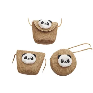 Lindos bolsos de hombro de paja de panda para niños con cremallera y decoración de peluche