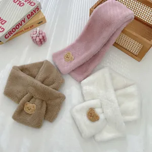 Plush faux rabbit fur scarves for women and kids with cute bear embroidery patches