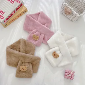 Cute Bear Patch Faux Rabbit Fur Scarf For Kids Women Plush Thick Thermal Cross Neck Warmer Winter Soft Warm Scarf Jewelry