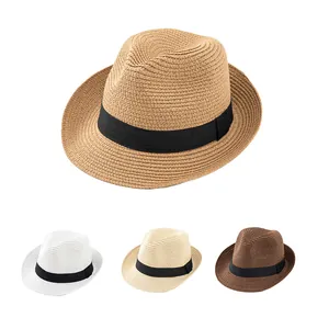 Classic summer straw fedora hats for adults and kids featuring black ribbon and brim