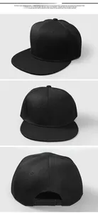 Trois vues d'une casquette snapback noire avec couronne à 6 panneaux et attache réglable