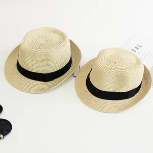 Summer Sun Protection Straw Hat Men Women Kids Outdoor Beach Fedora Panama Hat With Satin Ribbon Breathable Paper Jazz Hat
