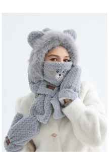 Détail de l'ensemble 3-en-1 ours en peluche grise avec fausse fourrure et broderie d'ours