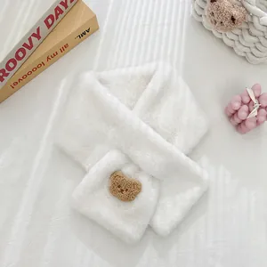 Faux rabbit fur white scarf featuring a cute brown plush bear for autumn and winter