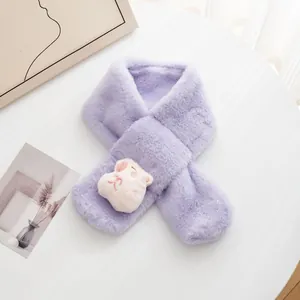 Close-up of lavender plush kids scarf with cute white animal doll and soft faux fur texture