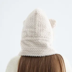 Cute plush bear hooded scarf cap in cream white with soft fluffy ears for winter warmth