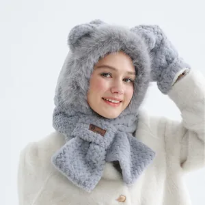 Plush 3-in-1 bear ear hat scarf and gloves set in soft grey for winter warmth