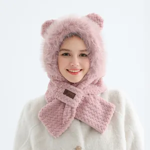 Cute pink plush hooded bear ear scarf set with textured wave pattern and leather patch