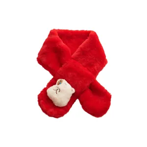 Plush red kids scarf with cute cartoon bear character and warm cross-wrap design