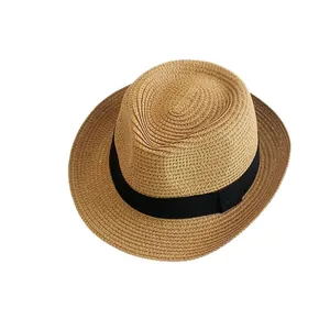 Classic straw panama hat with black grosgrain ribbon for summer outdoor sun protection