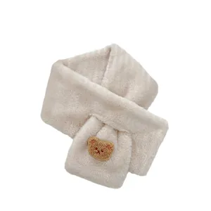 Plush faux rabbit fur scarf for kids featuring a brown teddy bear patch and pull-through design