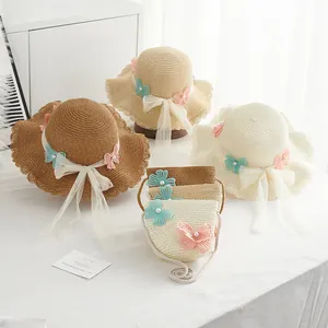Kids straw hat and bag set with lace bows and butterfly accents in three colors