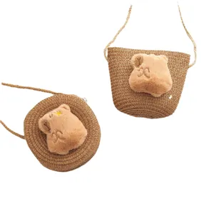 Cartoon capybara plush bear woven crossbody bag for kids and toddlers in brown straw