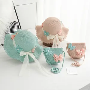 Girls Kids Straw Hat And Matching Mini Crossbody Bag Butterfly Pearls Lace Bow Wide Brim Sunshade Beach Summer Straw Hat Bag