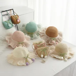 Süßer Prinzessin Stroh Sonnenhut Und Umhängetasche Für Mädchen Damen Breite Krempe Floral Sommer Strandhut Mit Tulpen Schmetterling Dekor